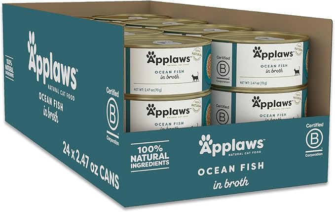 Applaws Natural Wet Cat Food, 24 Count, Limited Ingredient Canned Wet Cat Food, Ocean Fish in Broth, 2.47oz Cans
