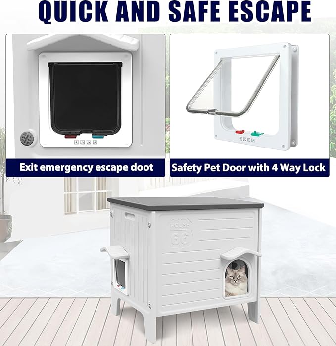 CSQOO Plastic Outdoor Cat House, 100% Weatherproof Feral Cat Shelter with Safety Escape Door, Cat House with for Barn Cat,