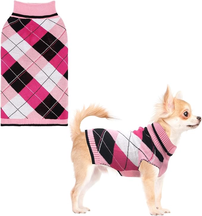 KOOLTAIL Dog Sweater for Small Dogs, Puppy Knitted Clothes - Classic Plaid Pullover Turtleneck Thick Warm Fall Cat Sweaters with Leash Hole, Dog Winter Clothes for Chihuahua Dachshund Girls Boys, XS