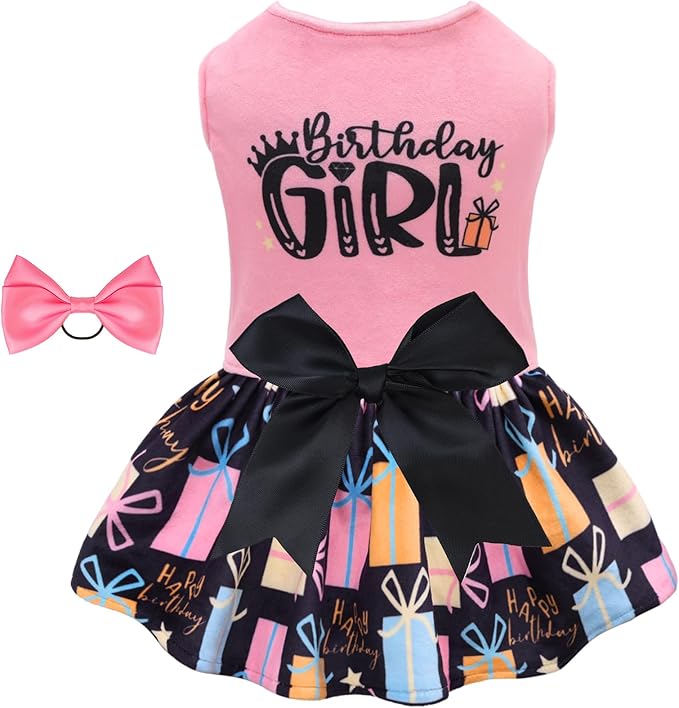 CuteBone Birthday Dog Dresses Velvet Holiday Small Dogs Clothes Onesie Pet Apparel Girl Puppy Skirt with Bow Hair Rope CVA48S-D