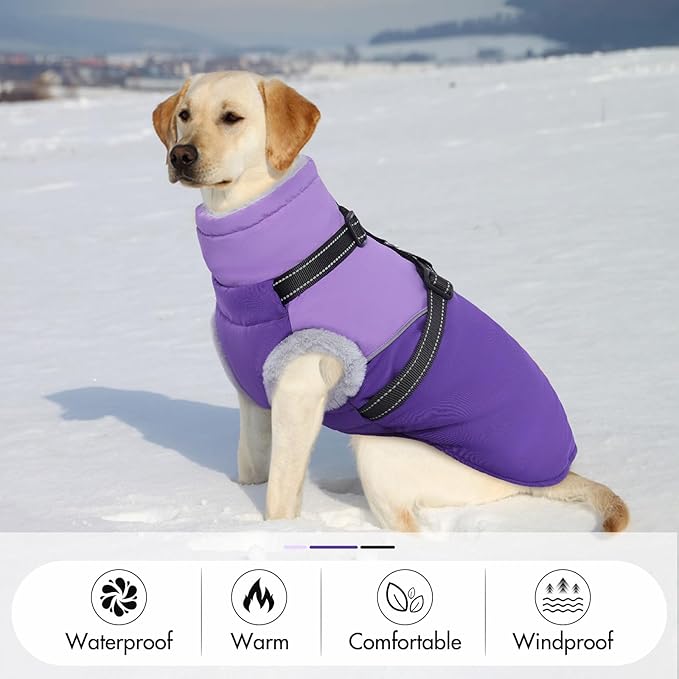 Dog Coat with Harness Built, Dog Winter Jacket with Zipper Closure, Warm Pet Fleece Puffer Coat with Reflective Strips & Furry Collar, Waterproof Snowsuit for Medium Large Dogs - Purple XXXXL