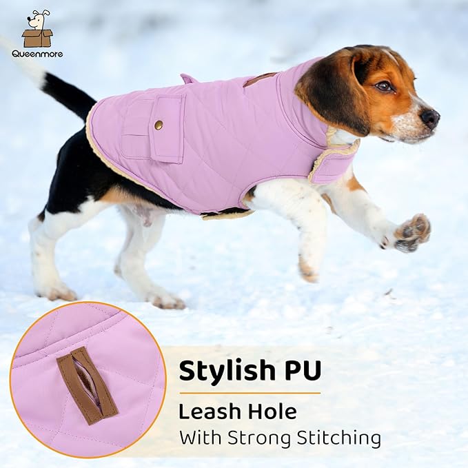 Queenmore Warm Dog Coat, Cold Weather Puffer Dog Coat Vest, Quilting Winter Pet Jacket Ultra Thick Plush Fleece Lining Pet Clothes for Dogs with Storage Pockets (Lilac, X-Small)