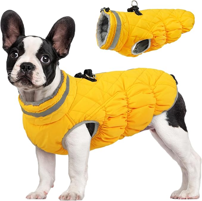 FUAMEY Dog Coat for Small Dogs,Waterproof Dog Winter Jacket with Harness Built in Puppy Cold Weather Coats Reflective Pet Vest with Zipper Warm Fleece Dogs Snowsuit Windproof Yellow S