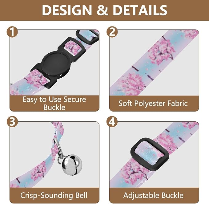 2 Pack Pet Collar Cherry Blossom Trees Blue Dog Collar with Bell, Adjustable 10.6 to 17.1 Inches