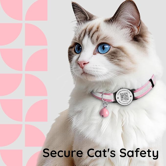 Breakaway Cat Collar QR Code, Reflective Bell, Adjustable Kitten Pink