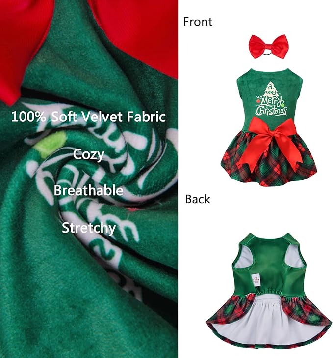 CuteBone Christmas Tree Dog Dress Velvet for Small Dogs Girl Puppy Dresses Green Plaid Dog Clothes CVA05XS-D