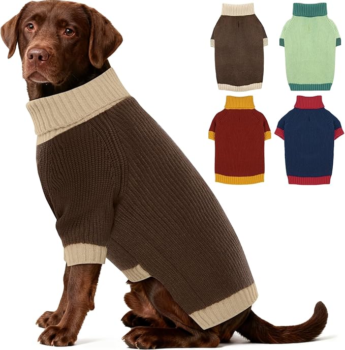 XXL Dog Sweater, Leash Hole & Turtleneck Knit Sweater, Warm Winter Sweaters for Large Dogs Girl Boy, Thick Christmas Pet Sweaters for Pitbulls Boxer Labrador, Brown 2XL