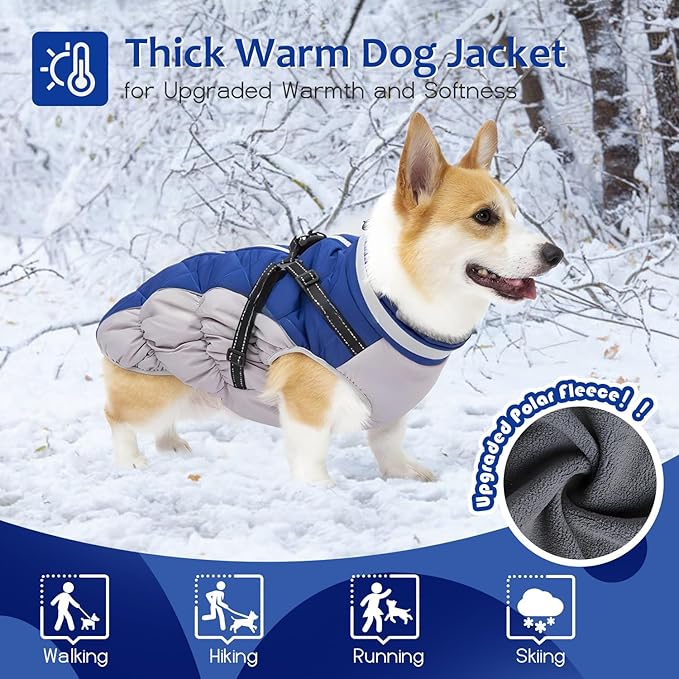Dog Winter Coat with Harness, Dog Jacket, Pet Clothes with Zipper on Back, Waterproof Windproof Warm Vest, Reflective Cold Weather Coats, for Small Medium Large Dogs, Thick, Blue,XS