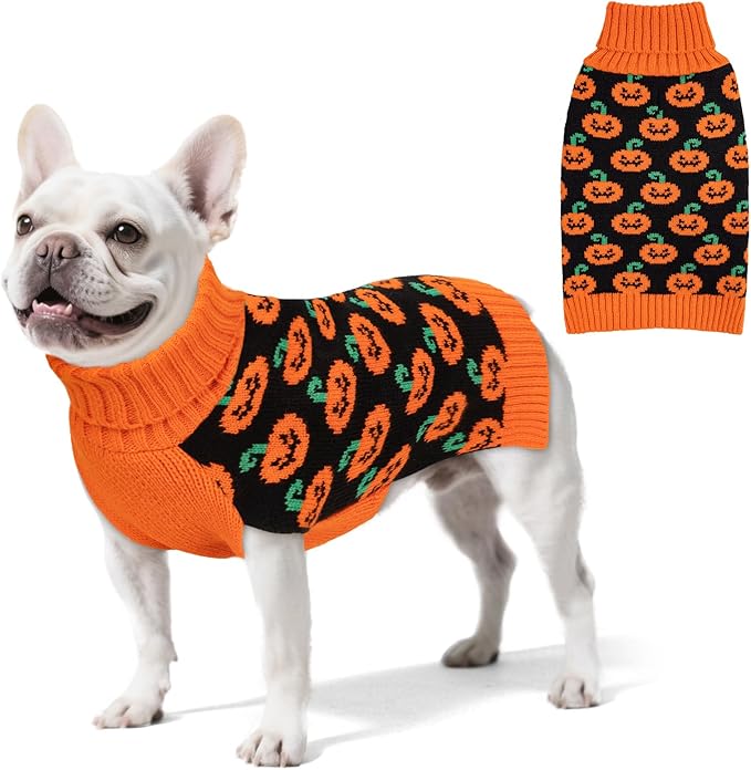 KYEESE Halloween Dog Sweater for Small Dogs with Leash Hole Adorable Pumpkin Pattern Turtleneck Doggie Outfit Soft Warm Knitwear Orange Knitted Dog Clothes Girl Festive Lightweight Halloween, Medium