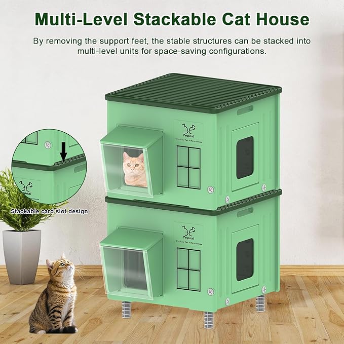 Tepoal 17.7"x17"x17.5" Plastic Heated Cat House for Outside Winter, Weatherproof Outside Cats Shelter with Safety Escape Doors and Heating Pads, Elevated Feral Cat House for Wild and Stray Cats Green