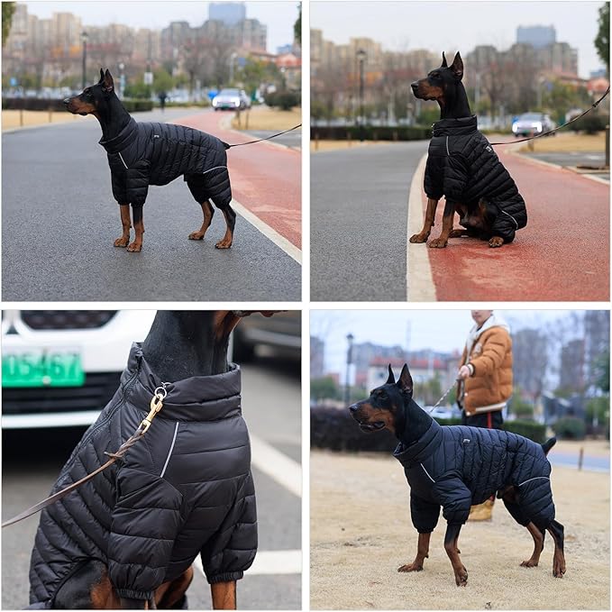 Dog Warm Jacket, 4 Legs Covered Waterproof Windproof Reflective Warm Dog Vest, Zippered Adjustable Snow Jacket for Small to XL Dogs, Black