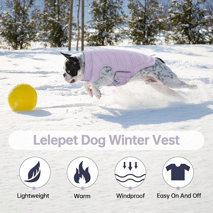 Lelepet Reversible Dog Coat Waterproof Dog Jacket Windproof Puffer Vest for Winter Warm Lightweight Coats for Medium Dogs Adjustbale Hook & Loop Pet Apparel with Leash Hole, French Bulldog, Purple L