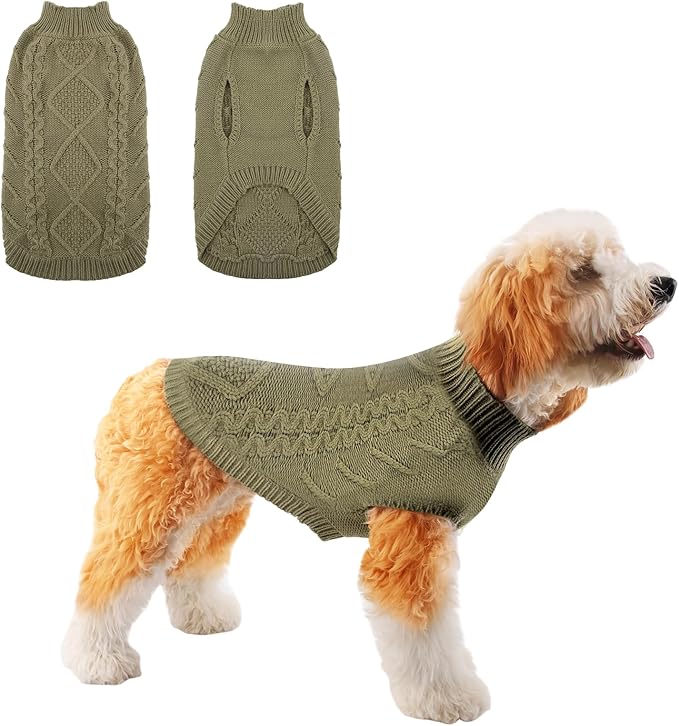 TONY HOBY Small Dog Sweaters Knitted Warm Dog Sweatshirt, Doggy Winter Coat Puppy Cold Weather Pullover Classic Knitwear Doggie Sweater, Thick Warm Winter Pet Clothes (L, Grey Green)