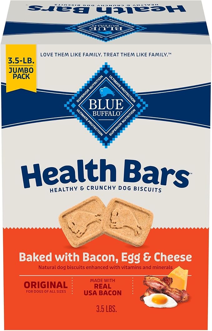 Blue Buffalo Health Bars Crunchy Dog Biscuits, Oven-Baked with Natural Ingredients, Bacon, Egg & Cheese, 3.5-lbs Box