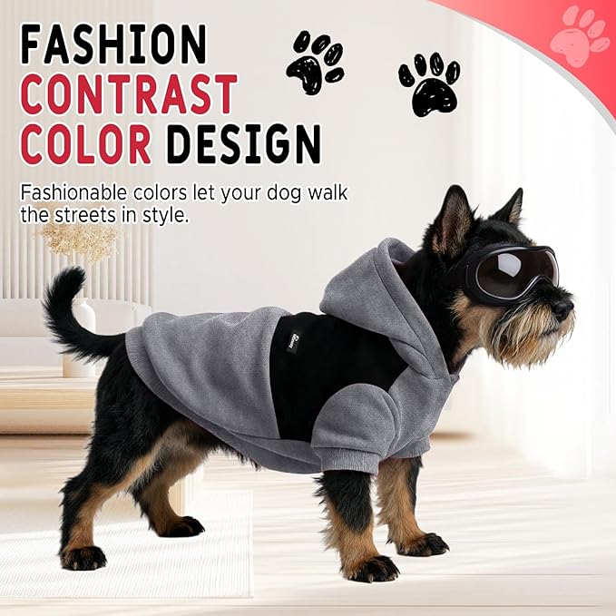 Dog Hoodie with Fleece Lining - Premium Winter Warm Dog Sweater for Small, Medium Dogs, Puppy - Dogs Sweatshirt Contrast Color Design (Grey&Black, M)