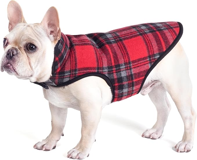 THE WORTHY DOG Alpine Plaid Dog Jacket – Wind-Resistant Winter Coat with Cozy Faux Shearling Lining, Adjustable Fit & Harness Hole – Machine Wash – Red, Size 16