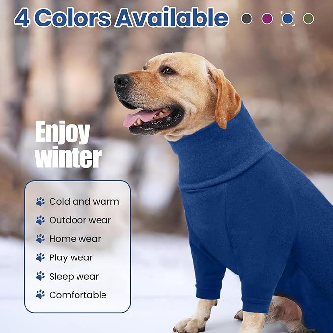 Dog Winter Coat Soft Fleece Pullover Pajamas, Fullbody Dog Cold Weather Jacket, Warm Pullover Doggie Winter Thermal 4-Legged Onesie Jumpsuit,High Collar Snowsuit Sweater for Dogs（Blue，L
