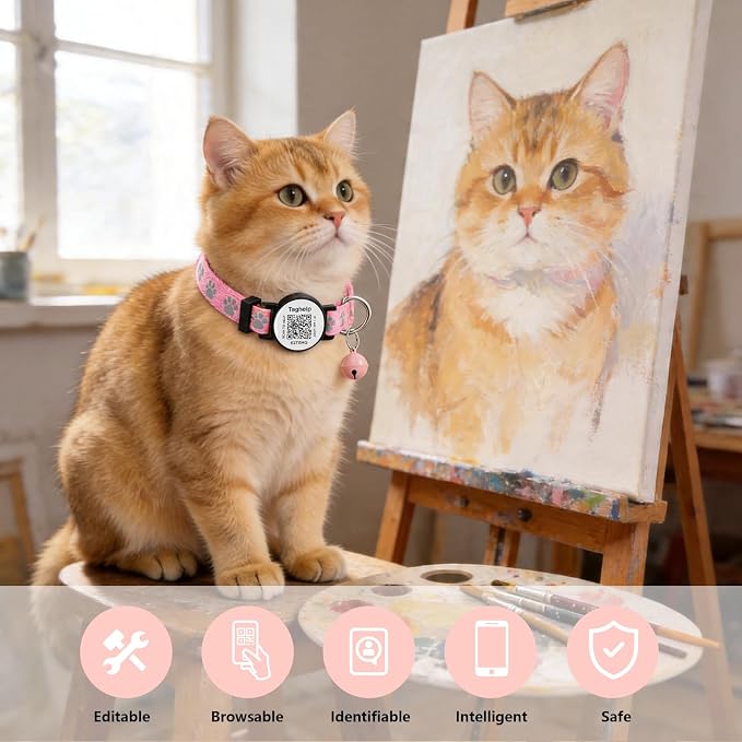 2 Pack Airtag Cat Collar, Breakaway Cat Airtag with Smart ID tag & QR Code Reflective (Pink, Collar Only)