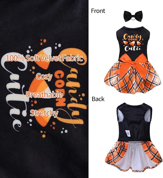 CuteBone Halloween Dog Dresses Velvet Holiday Small Dogs Clothes Onesie Pet Apparel Girl Puppy Skirt with Bow Hair Rope CVA45XXS-D