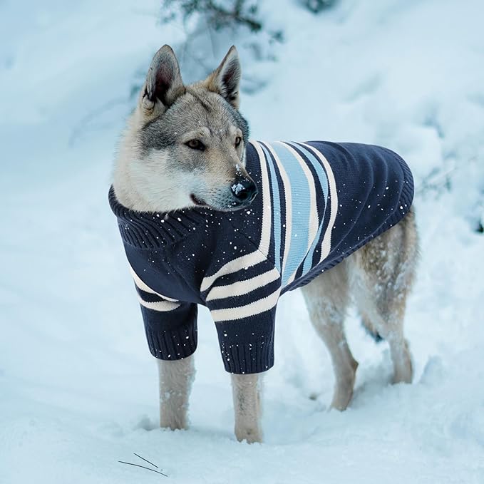 Queenmore Dog Striped Knitted Sweater, Turtleneck Pullover Pet Coat, Dog Winter Clothes with Leash Hole for Small Medium &Large Dogs(Navy Blue,L)