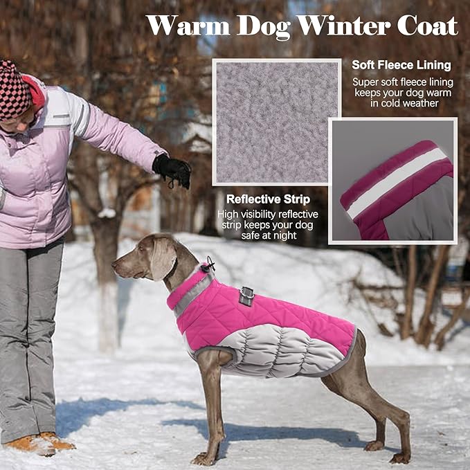 Lelepet Dog Coat Warm Dog Winter Coat Waterproof Dogs Jacket with Harness Built in Reflective Pet Fleece Vest Zip-Up Cold Weather Coats for Dogs Turtleneck & Windproof Coats Chihuahua Rose Red XS