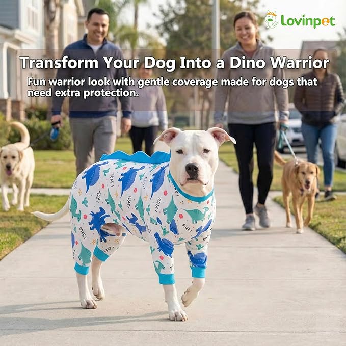 LovinPet Large Dog Pajamas, Four-Leg Stretch Onesie Bodysuit, Lightweight UV-Shielding Pajamas, Anti-Lick Calming Recovery Suit for Surgery, Pull-On for Medium and Large Breeds,White Blue,3XL