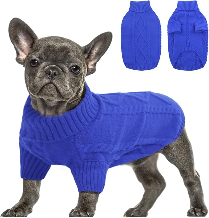 Queenmore Small Dog Pullover Sweater, Cold Weather Cable Knitwear, Classic Turtleneck Thick Warm Clothes for Chihuahua, Bulldog, Dachshund, Pug (Royal Blue, X-Small