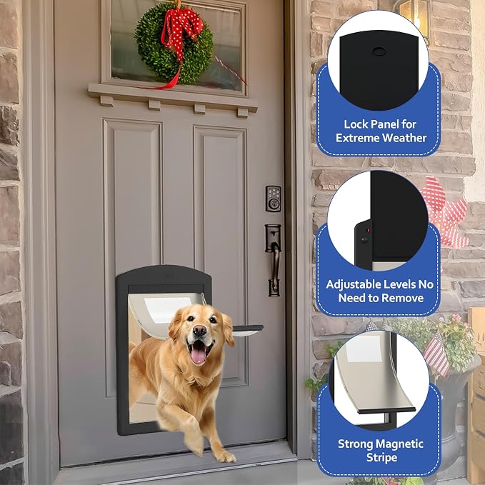 [Classicmacher] Plastic Dog Doggy Door with Magnetic Soft Flap,Medium,Black | Medium Dog Door for Interior&Exterior doors,Plastic Doggy Door with Sliding Lock Panel for Wood,PVC,Metal&Panel Doors