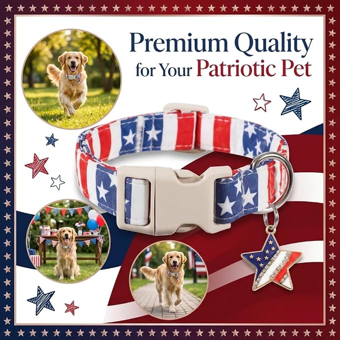 American Flag Dog Collar, Patriotic Dog Collar for Boys Girls Dog, Adjustable Puppy Collar with Star Pattern for 4th of July Occasion & Daily Walking, Fits Puppies and Small Breeds