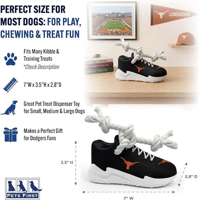 NCAA Texas Longhorns Cleat Sneaker Spike Dog Toy, Treat Dispenser Chew Toy for Dogs, Interactive Rope Tug Toy, Slow Feeder Natural Rubber Dog Toy with Official Team Logo for Puppies & Adult Dogs