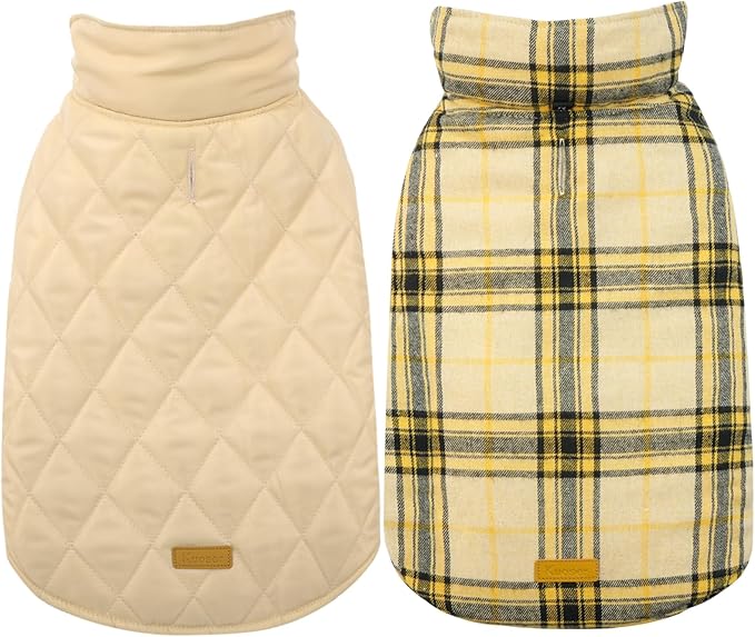 Kuoser Waterproof Dog Coat, Reversible Dog Jacket for Small Dogs, Adjustable Durable Doggie Winter Coat Warm Cozy Puppy Cold Weather Apparel from Small to Large Breed, Yellow S