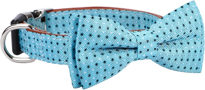 Bow Tie Dog Collar Checkered Pattern Sky Blue with Bowtie for Boy Girl Dogs Large