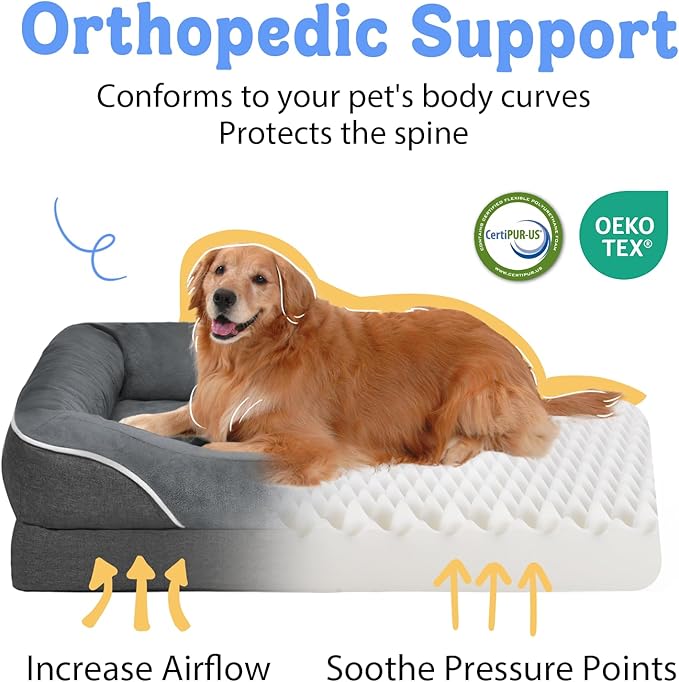 Washable Orthopedic Large Dog Bed - Dog Beds Large Sized Dogs with Removable Cover Waterproof Pet Bed with Bolster for Extra Large Pet