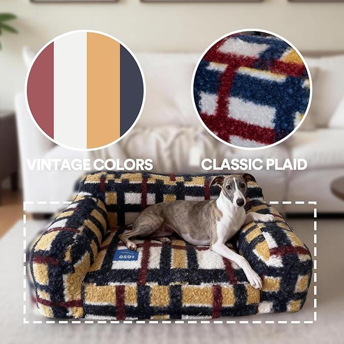 ZEZE Vintage Furniture Style Sofa Pet Bed - Washable Plush Dog & Cat Couch, Retro Style Pet Furniture, Soft Cozy Support for Pets (Medium, Mondrian Check Pattern)