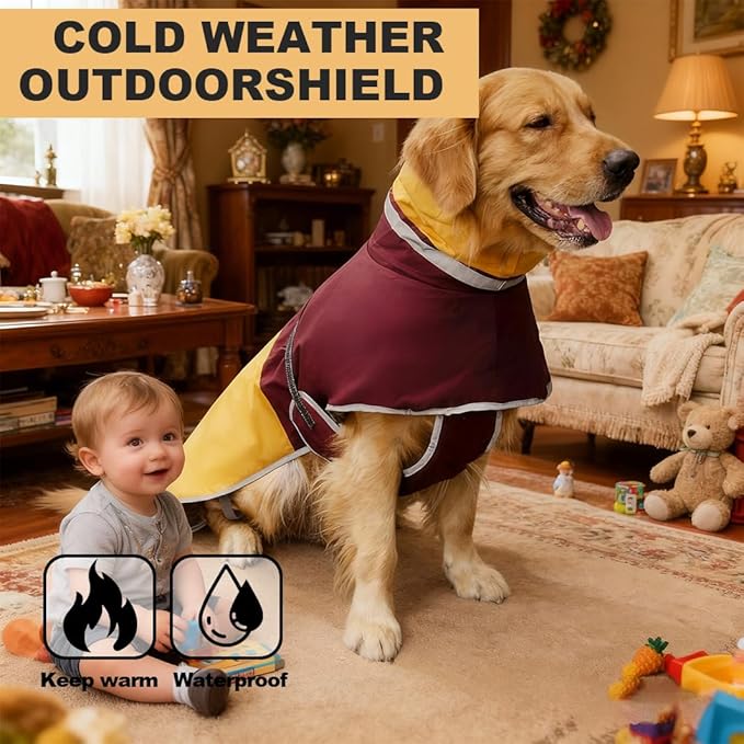 Waterproof Dog Winter Coat, Reflective Turtleneck Fleece Jacket with Snow Protection for Large Dogs, Cold Weather Pet Clothing (Yellow, 4XL)