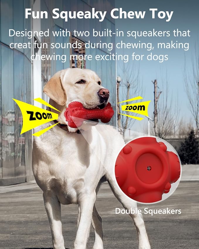 SCHITEC Squeaky Dog Chew Toy for Aggressive Chewers Large Breed, Tough Interactive Teething Rubber Bone for Big Medium Dogs