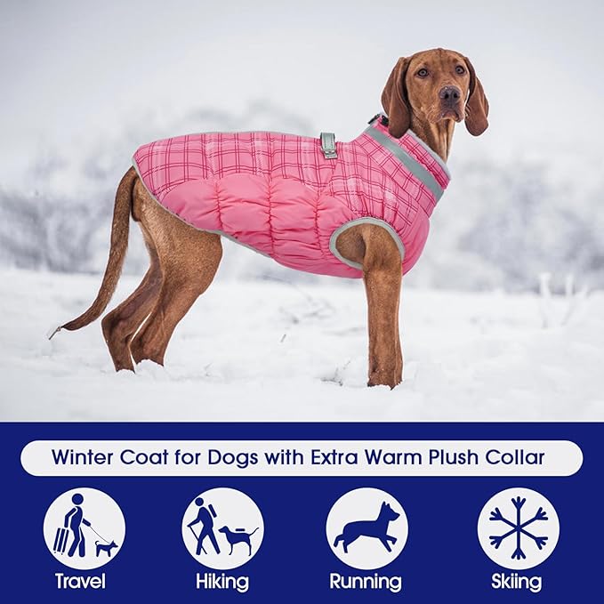 FUAMEY Dog Coat for Small Dogs,Waterproof Dog Winter Jacket with Harness Built in Puppy Cold Weather Coats Reflective Pet Vest with Zipper Warm Fleece Dogs Snowsuit Windproof Rose Plaid XS