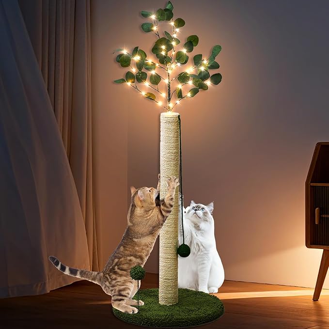 YYXISM Cat Scratching Post with Lights & Hanging Ball Toys Tall Sisal Rope Scratcher Tree Climbing Scratch Tower for Indoor Cats Adult Kitten
