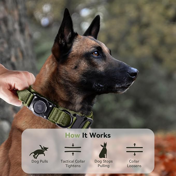 2026 Upgrade Waterproof Tactical AirTag Dog Collar, Built in AirTag Holder | Comfortable Control Handle, Quick Release Metal Buckle, Durable 1000D Nylon, For Medium to Large Dogs, Army Green, M
