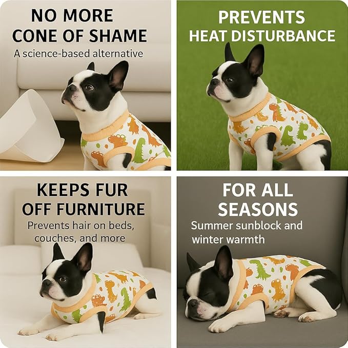 PetWarm Spay Recovery Female Dog, Onesies for Dogs, Professional Dog Recovery Shirt Abdominal Wounds Bandages Substitute E-Collar and Cone, Dinosaur Pattern, Yellow, XS