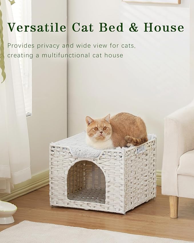 SETVSON Cat Beds Indoor Kitten House, Handwoven Rattan Cat Cave Pet Cube, Large Cat Houses, One Bed Mat, Foldable, Hideaway, 16.5x16.5x13.2 Inches, 2 S-Shaped Hooks in Living Room Bedroom Gray