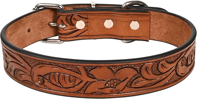 TARICO Adjustable Leather Dog Collar for All Breeds, Heavy Duty Non Padded Pet Collar with Engraved Design Durable Metal Buckle - Tan (XL: Fits 19–23" Necks)