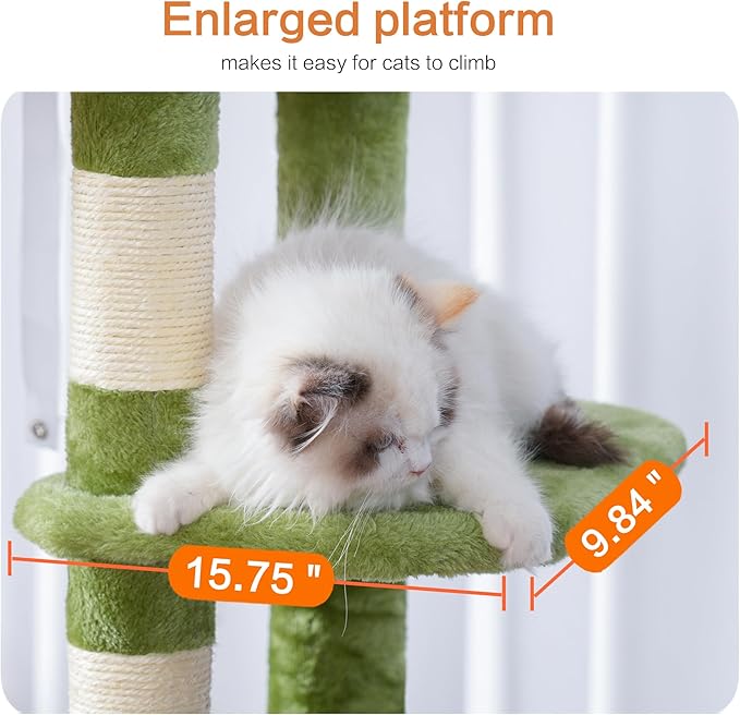 Heybly Cat Tree for Large Cats 20lbs Heavy Duty,60 inches XXL Cat Tower for Indoor Cats, Multi-Level Furniture Condo with Big Padded Plush Perch, Cozy Basket, Green HCT050GR
