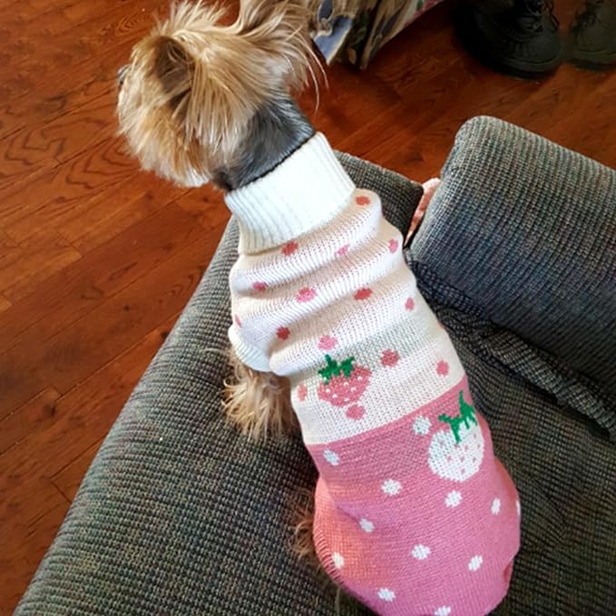 CHBORCHICEN Pet Dog Sweaters Classic Knitwear Turtleneck Winter Warm Puppy Clothing Cute Strawberry and Heart Doggie Sweater (Pink, Small)