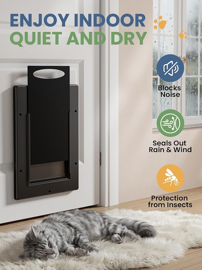 Cat Door with Soft Magnetic Flap, Pets Up to 20 lb, Black | Sliding Lock Panel, Soft Magnetic Flap, Adjustable Tunnel, Save energy, Easy DIY Installation Exterior Cat Doors