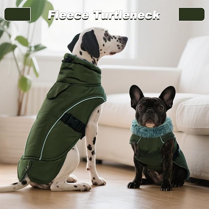 DENTRUN Winter Warm Dog Coat Reflective Jacket with Turtleneck for Cold Weather, Adjustable Buckle Windproof Water Repellent, Thick Snowsuit Fleece Vest for Small, Medium, Large Dogs, Green, M