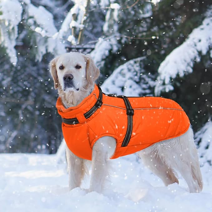 Lelepet Dog Winter Coat Waterproof Dog Jacket with Harness Built in Windproof Reflective Pet Coats for Small Medium Large Dogs, Thermal Fleece Lined Coats for Cold Weather Walking Hiking, Orange, XL