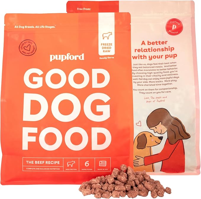 Pupford Good Dog Food, Freeze Dried Dog Food, Mix-in, Topper, or Full Meal, High Protein, No Fillers (Beef Recipe, 6 oz)