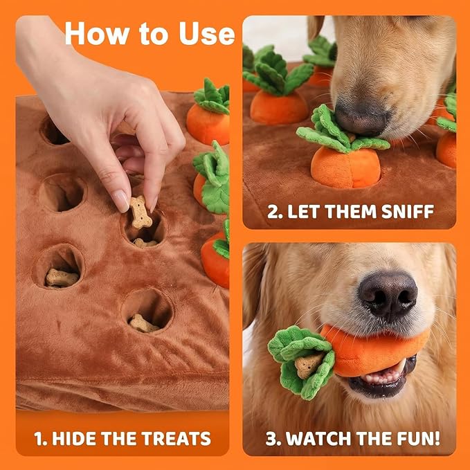 Carrot Dog Toy - Interactive Foraging Puzzle, Treat Hiding Plush Mat, Mental Stimulation Slow Feeder Enrichment Toy for Small Medium Dogs & Cats, Machine Washable
