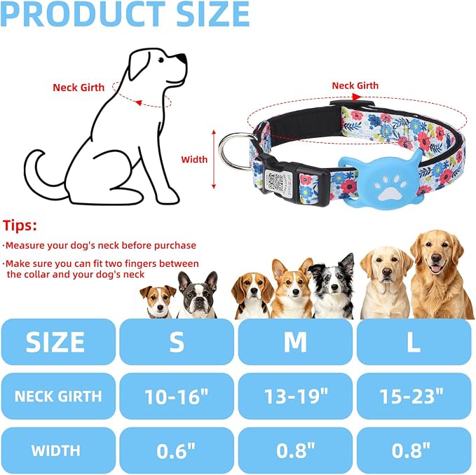 PUPTECK Airtag Dog Collar, Reflective with QR Code Buckle, Waterproof AirTag Holder Outdoor Tracking Pet Collars, Adjustable Soft Padded Durable for Small Medium Large Dogs Walking Training, Blue M